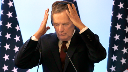U.S. Trade Representative Robert Lighthizer adjusts his headsead during a press conference regarding the seventh round of NAFTA renegotiations in Mexico City, Monday, March 5, 2018.