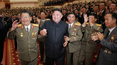 North Korean leader Kim Jong Un reacts during a celebration for nuclear scientists and engineers who contributed to a hydrogen bomb test, in this undated photo released by North Korea's Korean Central News Agency (KCNA) in Pyongyang on September 10, 2017.