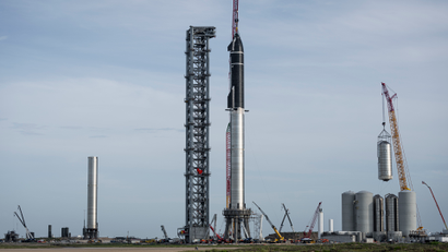 SpaceX's Starship, which was chosen by NASA to deliver astronauts to the moon, on a launch pad in Texas.