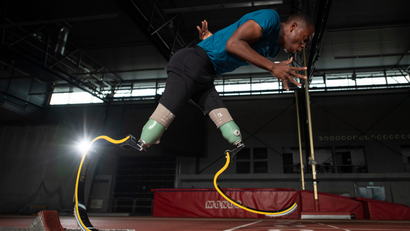 Ntando Mahlangu, a South African Paralympic athlete, gets off the blocks at a track in Ossur's headquarters in Iceland