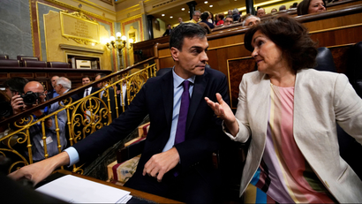 Spain's Prime Minister Pedro Sanchez and Spain's Deputy Prime Minister and Equality Minister Carmen Calvo attend attend a cabinet control session at Parliament in Madrid, Spain June 27, 2018.