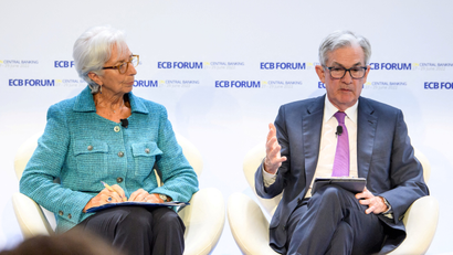 European Central Bank (ECB) President Christine Lagarde and U.S. Federal Reserve Chair Jerome Powell attend the ECB Forum on Central Banking in Sintra, Portugal.