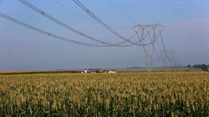 Electricity pylons of South Africa power utility Eskom are seen above a maize field in Mpumalanga province