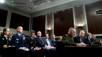 Acting Defense Secretary Patrick Shanahan, third from right, accompanied by Joint Chiefs Chairman Gen. Joseph Dunford, fourth from right, Secretary of the Air Force Heather Wilson, second from right, and U.S. Strategic Command Commander Gen. John Hyten, right, speaks during a Senate Armed Services Committee hearing on Capitol Hill in Washington , Thursday, April 11, 2019, on the proposed Space Force.