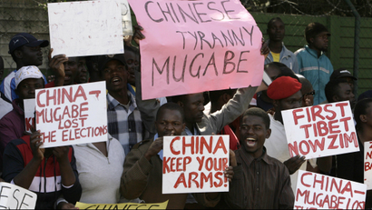 Zimbabweans protesting outside the Chinese Embassy in South Africa in 2008 over Beijing's veto of UN resolution to sanction Mugabe