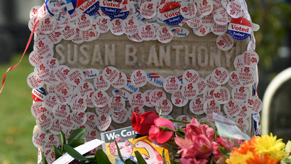 The grave of women's suffrage leader Susan B. Anthony is covered with "I Voted" stickers left by voters in the U.S. presidential election, at Mount Hope Cemetery in Rochester, New York November 8, 2016.