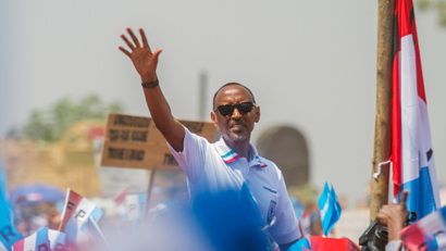 Rwandan President Paul Kagame of the ruling Rwandan Patriotic Front (RPF) waves to his supporters during his final campaign rally in Kigali, Rwanda August 2, 2017.