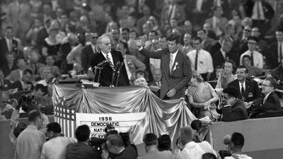 Then Sen. John F. Kennedy of Massachusetts appears at the Democratic National Convention in Chicago in 1956.