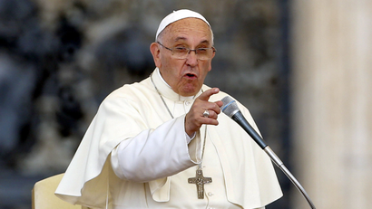 Pope Francis delivers a speech during an audience for the participants of the Convention of the Diocese of Rome in St. Peter's square at the Vatican City, June 14, 2015.