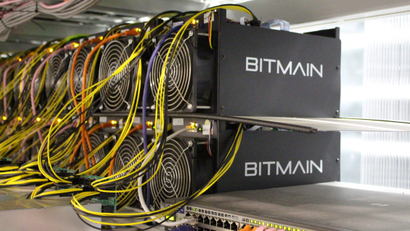 Bitmain's bitcoin mining computers in a mining farm near Keflavik, Iceland