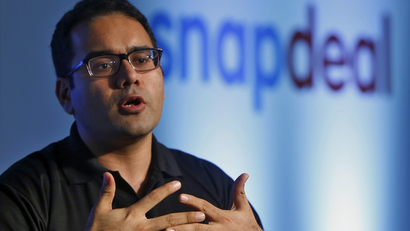 Bahl, co-founder of Indian online marketplace Snapdeal, gestures as he addresses the media during news conference in New Delhi