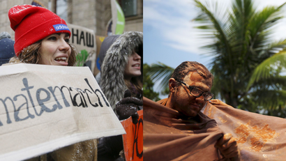 Protesters in Ukraine and Brazil.