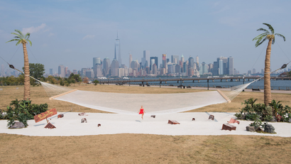 world's largest hammock with the new york skyline in the background