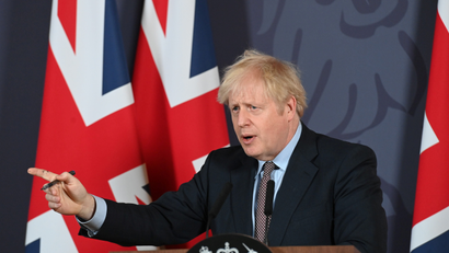 British PM Johnson holds news conference on Brexit trade deal in London.
