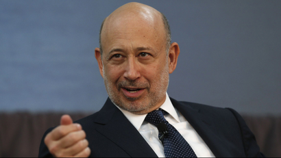 Goldman Sachs CEO Lloyd Blankfein takes part in a panel discussion following a news conference