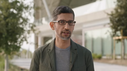 A picture of Google CEO Sundar Pichai speaking at a virtual event announcing Google's $1 billion plan for Africa