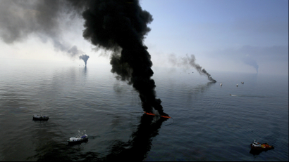 The Deepwater Horizon burns in the Gulf of Mexico in June 2010.