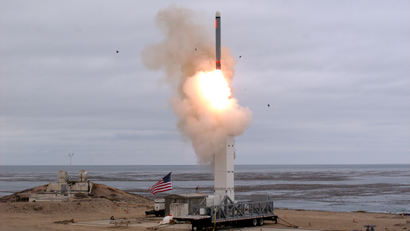 A flight test of a conventionally configured ground-launched cruise missile at San Nicolas Island, Calif.
