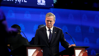 Republican U.S. presidential candidate and former Florida Governor Jeb Bush pauses at his podium in the midst of a commercial break at the 2016 U.S. Republican presidential candidates debate held by CNBC in Boulder, Colorado, October 28, 2015.