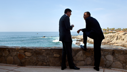 President Barack Obama talks with Chief of Staff Jack Lew at the Esperanza Resort in San Jose Del Cabo, Mexico, in advance of a bilateral meeting with President Vladimir Putin of Russia, June 18, 2012.