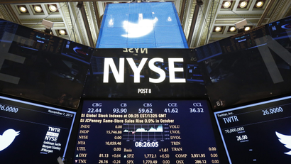 The Twitter logo is seen on the floor before the company's IPO at the New York Stock Exchange in New York