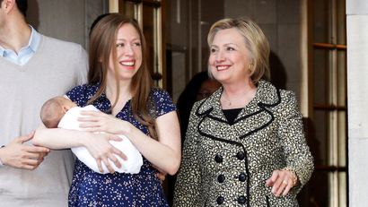 Chelsea Clinton, Hillary Clinton, and Aidan Clinton pose for a photograph after his birth