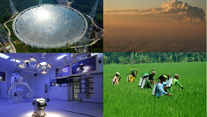A telescope being built in China, a coal burning plant, a cutting-edge operating room, and farmers applying pesticides to a field.