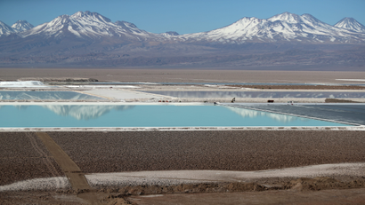 Brine pools from a lithium mine, that belongs U.S.-based Albemarle Corp, is seen on the Atacama salt flat in the Atacama desert, Chile