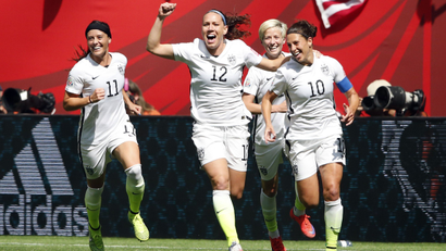 Jul 5, 2015; Vancouver, British Columbia, CAN; United States midfielder Carli Lloyd (10) celebrates with teammates after scoring against Japan during the first half of the final of the FIFA 2015 Women's World Cup at BC Place Stadium.