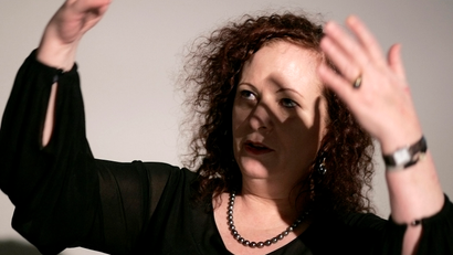 U.S. photographer Nan Goldin gestures during a news conference at the Hasselblad Foundation in Gothenburg