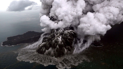 An aerial view of Anak Krakatau volcano during an eruption at Sunda strait in South Lampung, Indonesia, December 23, 2018.