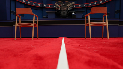 A white line divides the two halves of the US presidential debate stage in Cleveland in September 2020