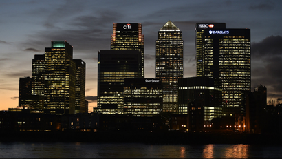 The Canary Wharf financial district is seen at dusk in east London.