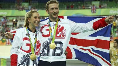 Jason Kenny and Laura Trott from Team GB's track cycling team celebrate their wins at the Rio Olympics 2016.