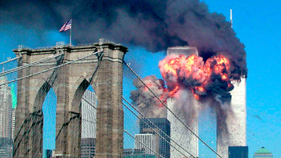 File photo of the second tower of the World Trade Center bursting into flames after being hit by an airplane in New York