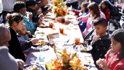 A Thanksgiving meal is served to the homeless at the Los Angeles Mission in L.A., California, in 2015