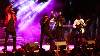 Bien-aime Baraza (L-R), Delvin Mudigi Savara, Willis Chimano and Polycarp Otieno of Afro pop group and 2014 best African Act at the MTV Europe Music Awards, Sauti Sol performs at 'Ndovu Zetu' concert (in Swahili meaning 'Our Elephants') being the first concert for Kenya wildlife festival held in Nairobi, Kenya, 28 February 2015. The concert was aimed to support the efforts of protecting and advocating for anti poaching of Elephants in Africa through music. Kenya will mark this year's World Wildlife Day by hosting a week long Kenya Wildlife Festival in celebration of her unique wildlife heritage and beauty from 28th February to 7th March. The festival seeks to give the public an opportunity to learn about wildlife through music, citizen science projects, debates, films, and theatre.