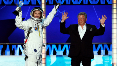 Hosts T.J. Miller and William Shatner close the show during the 21st Annual Critics' Choice Awards in Santa Monica, California