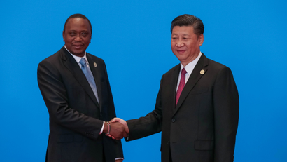 Chinese President Xi Jinping shakes hands with Kenya's President Uhuru Kenyatta during the welcome ceremony for the Belt and Road Forum, at the International Conference Center in Yanqi Lake, north of Beijing, China, May 15, 2017.