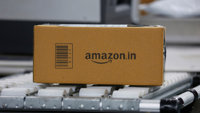 A shipment moves on a conveyor belt at an Amazon Fulfillment Centre (BLR7) on the outskirts of Bengaluru