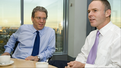 Tom Albanese, former head of Rio Tinto, and Marius Kloppers, outgoing head of BHP, in better days.