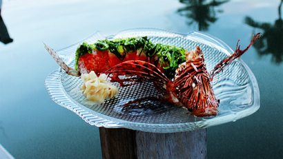 Invasive lionfish sushi roll served at Castaway Waterfront Restaurant & Sushi Bar in Marathon, Florida