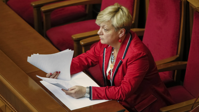 The head of the central bank Valeria Gontareva attends a session of parliament in Kiev.