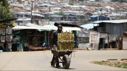 A trader pushes wheelbarrow loaded with sugar-cane for sale along a street in Kibera slum, home to over 1 million people, in Kenya's capital Nairobi, March 7, 2014.