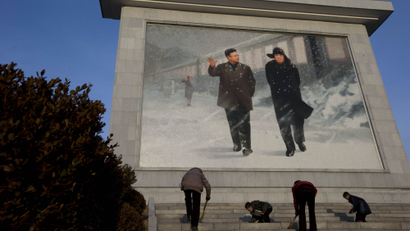 A giant portrait of late North Korean leaders Kim Jong Il and Kim Il Sung in Pyongyang