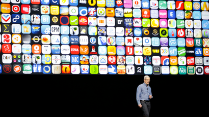 Apple CEO Tim Cook speaks about Swift Playgrounds young developers app at the Apple Worldwide Developers Conference in the Bill Graham Civic Auditorium, San Francisco, Monday, June 13, 2016. (AP Photo/Tony Avelar)