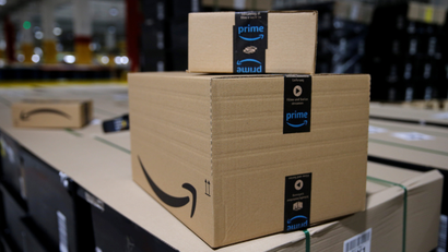 Amazon packages with Prime tape are seen at an Amazon fulfillment center
