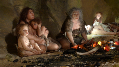 An artist's depiction of a Neanderthal family.
