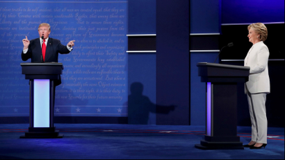 Donald Trump points at Hillary Clinton during the third US presidential debate.