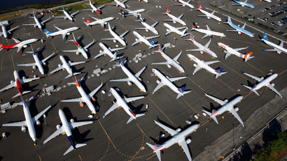 Dozens of grounded Boeing 737 MAX aircraft are seen parked in an aerial photo at Boeing Field in Seattle, Washington, U.S. July 1, 2019.